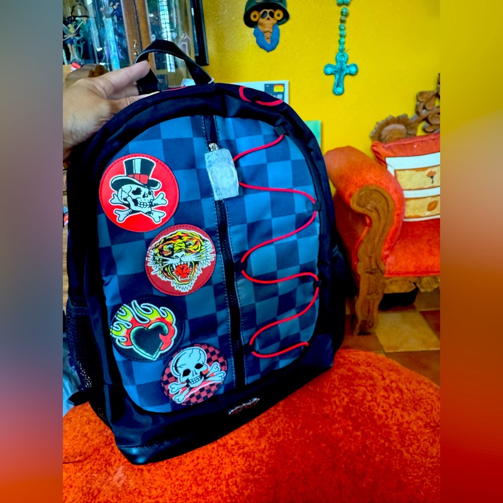 Ed Hardy checkered Backpack with Skull & tiger Design BNWT